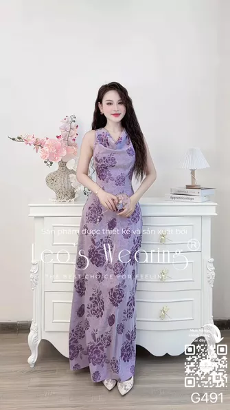 Product image - G491-Đầm lụa cổ đổ tay sát nách dáng dài họa tiết hoa tím