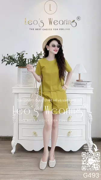 Product image - G493-Sét áo linen cotton xô cổ tym xoắn eo, tay ngắn+Quần đùi xanh