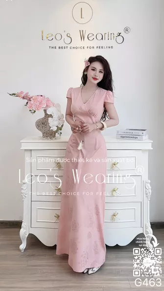 Product image - G463-Đầm lụa cao cấp dáng ôm cổ tym tay ngắn màu hồng