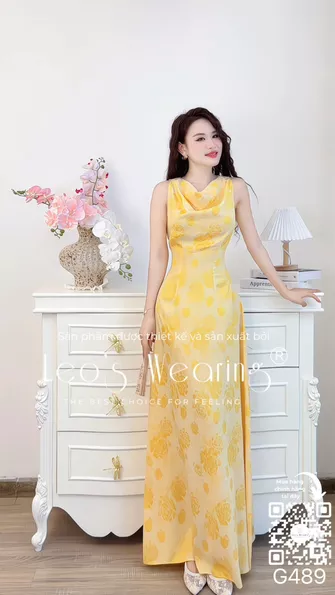 Product image - G489-Đầm lụa cổ đổ tay sát nách dáng dài họa tiết hoa vàng