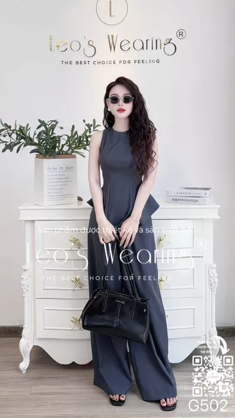 Product image - G502-Sét áo peplum cổ tròn sát nách+Quần dài suông xanh ghi