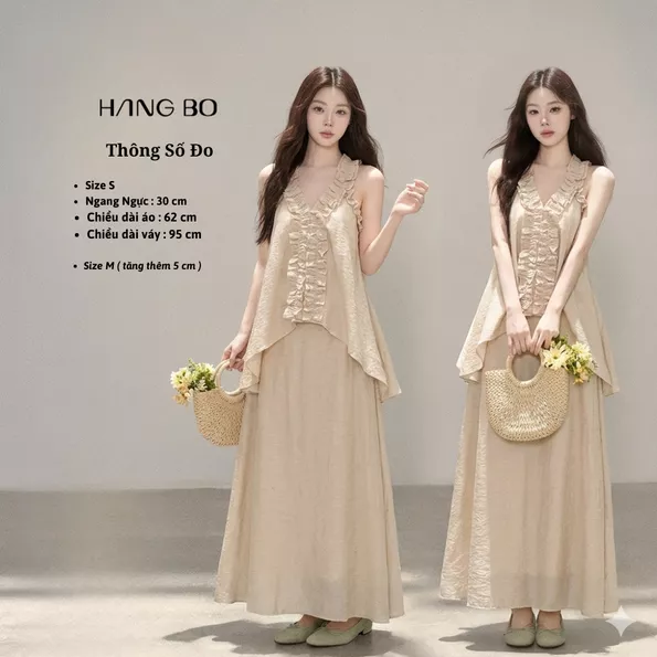 Product image - Váy Maxi Kem Bèo Nhún Vintage