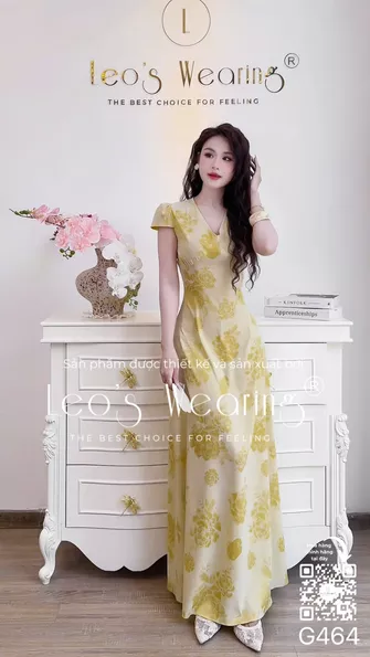 Product image - G464-Đầm lụa cao cấp dáng ôm cổ tym tay ngắn màu vàng