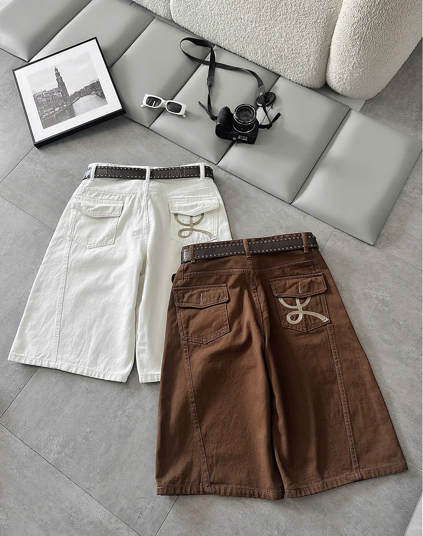 Quần lửng kaki jean bigsize T-QSJ74 màu nâu và trắng dáng ống rộng túi hộp thêu