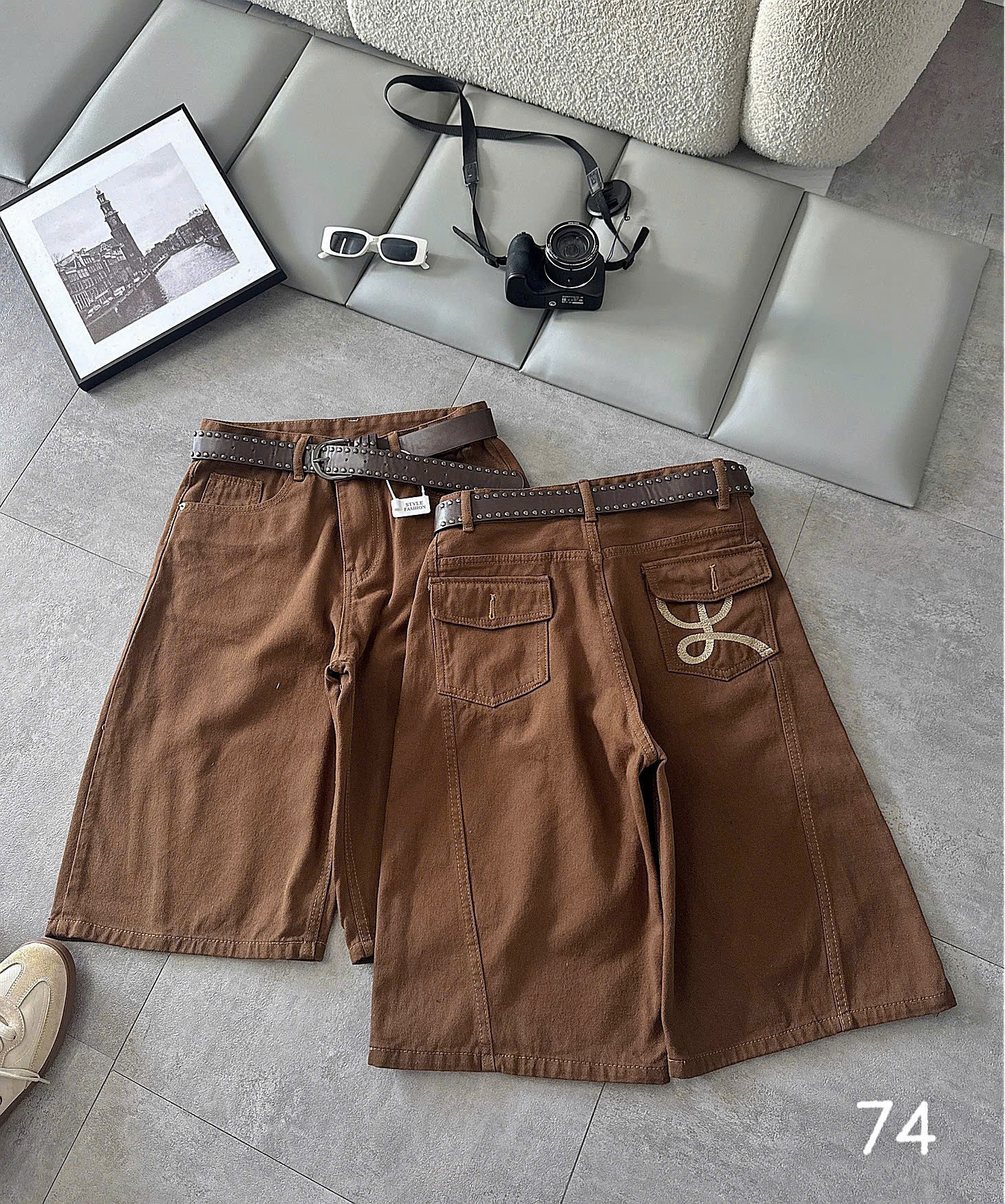 Quần lửng kaki jean bigsize T-QSJ74 màu nâu thân trước và thân sau túi hộp thêu