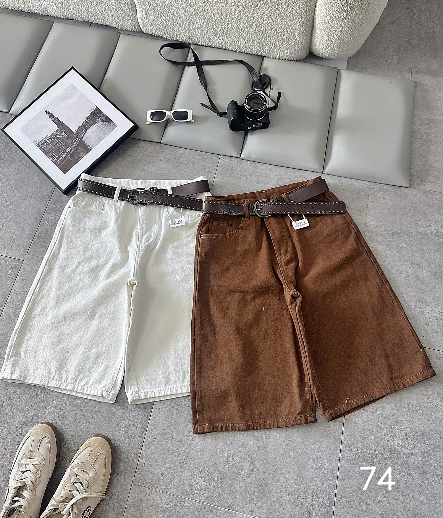 Quần lửng kaki jean bigsize T-QSJ74 màu trắng và nâu thân trước lưng cao ống rộng