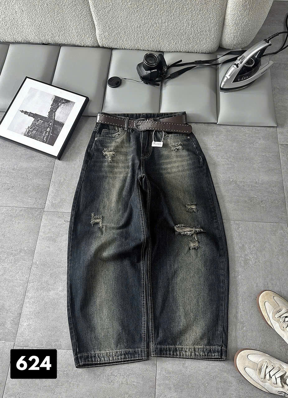 Thân trước quần jean boy thụng bigsize T-QJ624 lưng cao ống thụng màu đậm