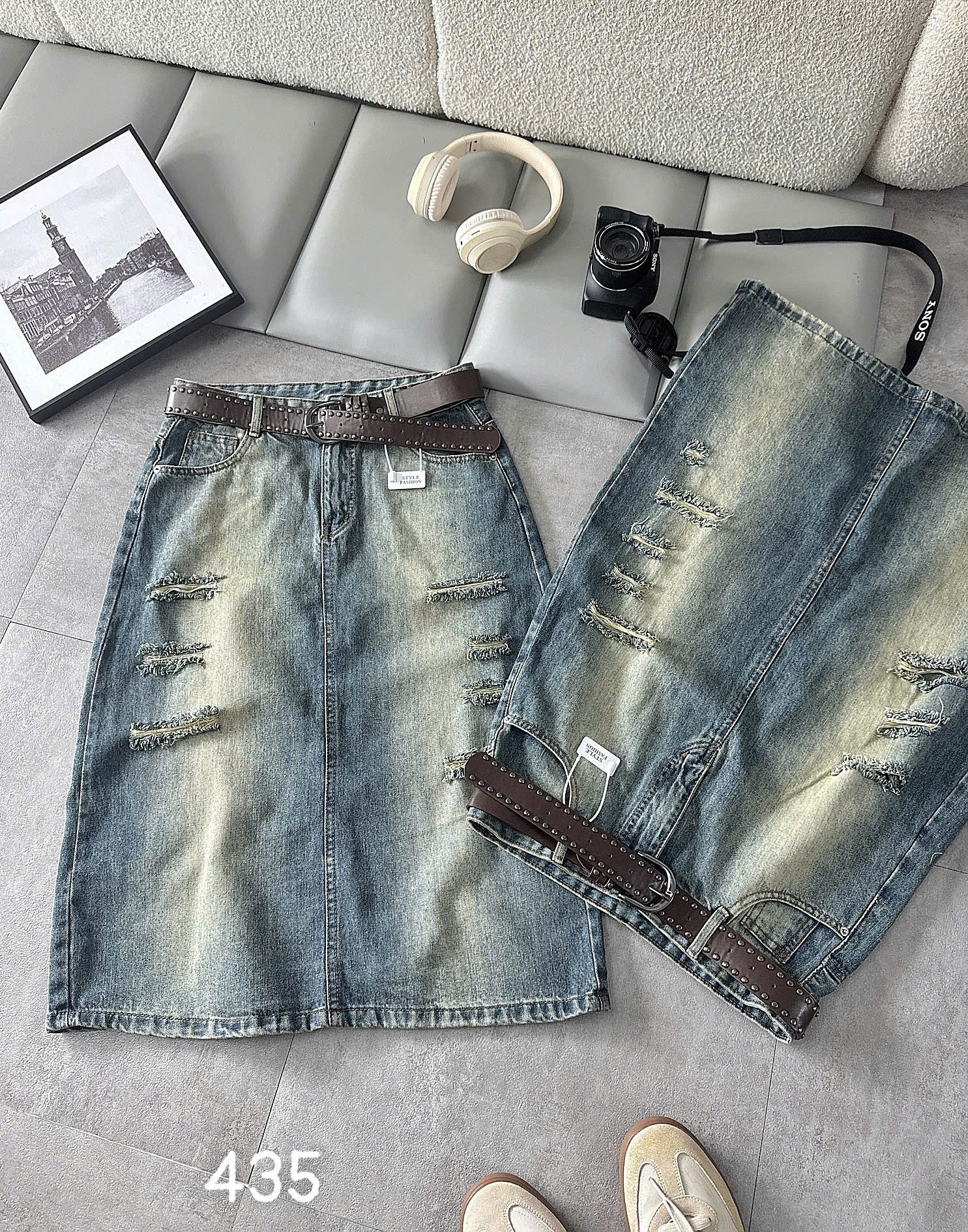 Chân váy jean dài bigsize CVD435 phối dây nịt gợi ý nhấn eo và thân trước rách xước