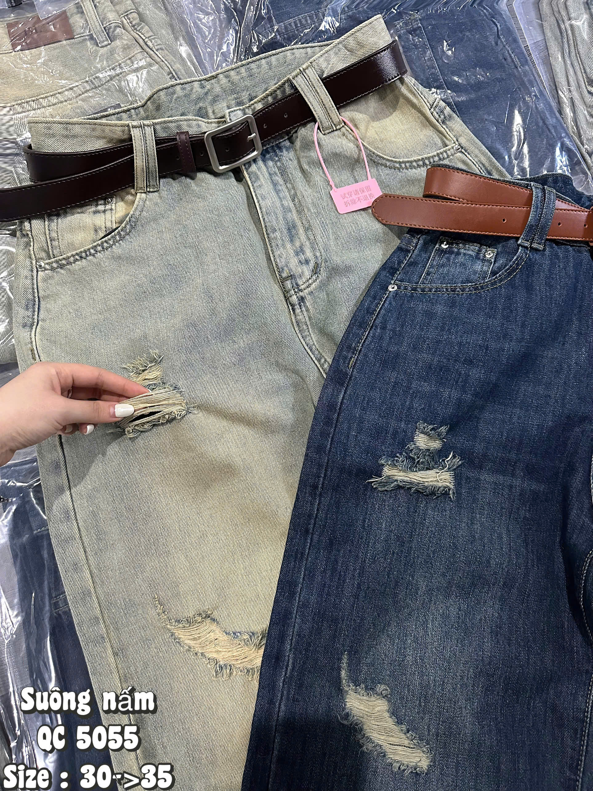 Cận chất jean xước và chi tiết rách tua sợi quần T-QJ5055