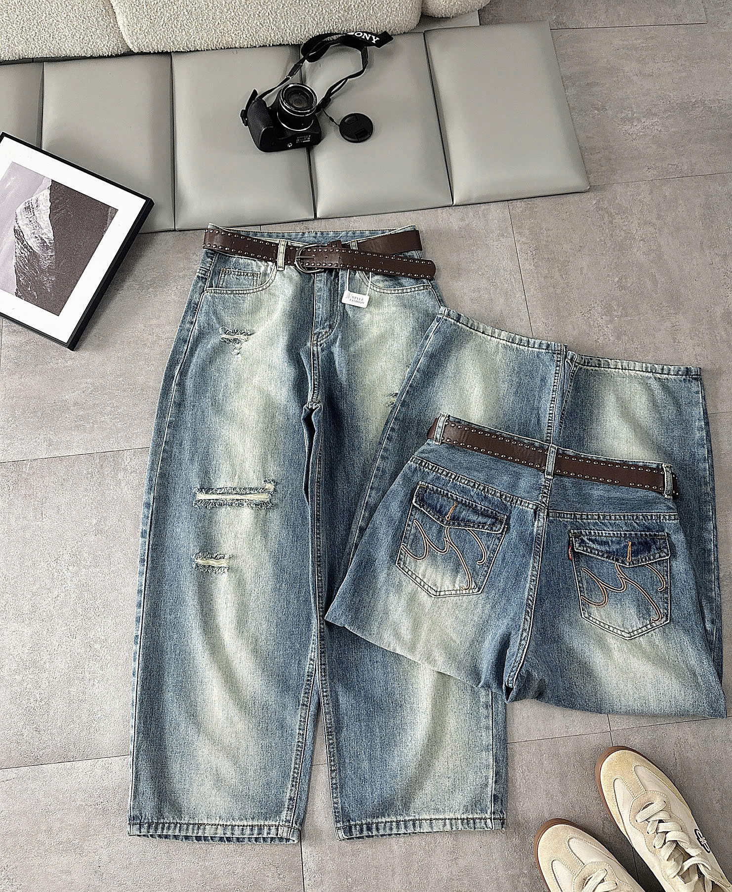 Mặt trước và mặt sau quần jean boy thụng bigsize T-QJ627 màu xanh nhạt