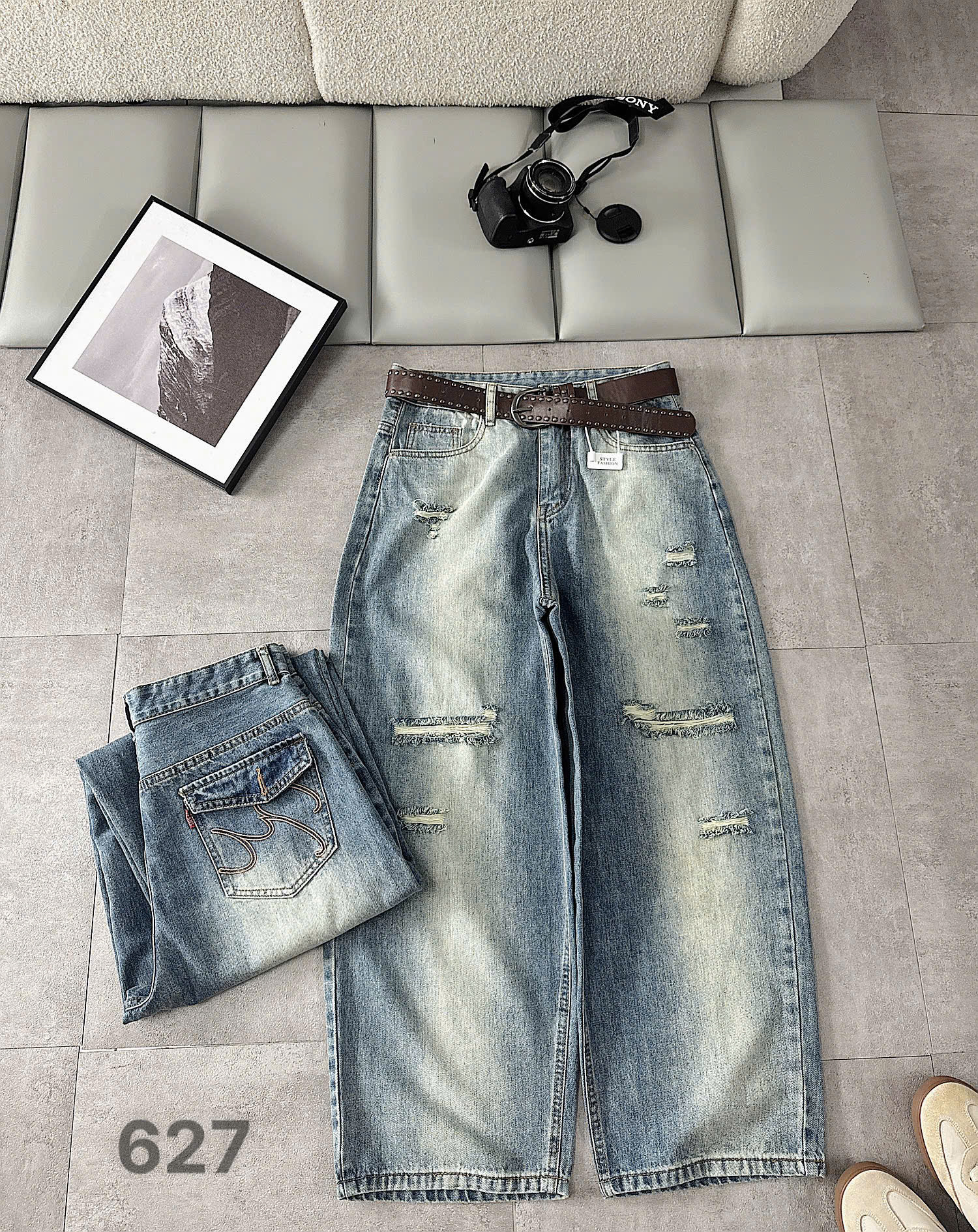 Quần jean boy thụng bigsize T-QJ627 màu nhạt với wash và rách trang trí mặt trước