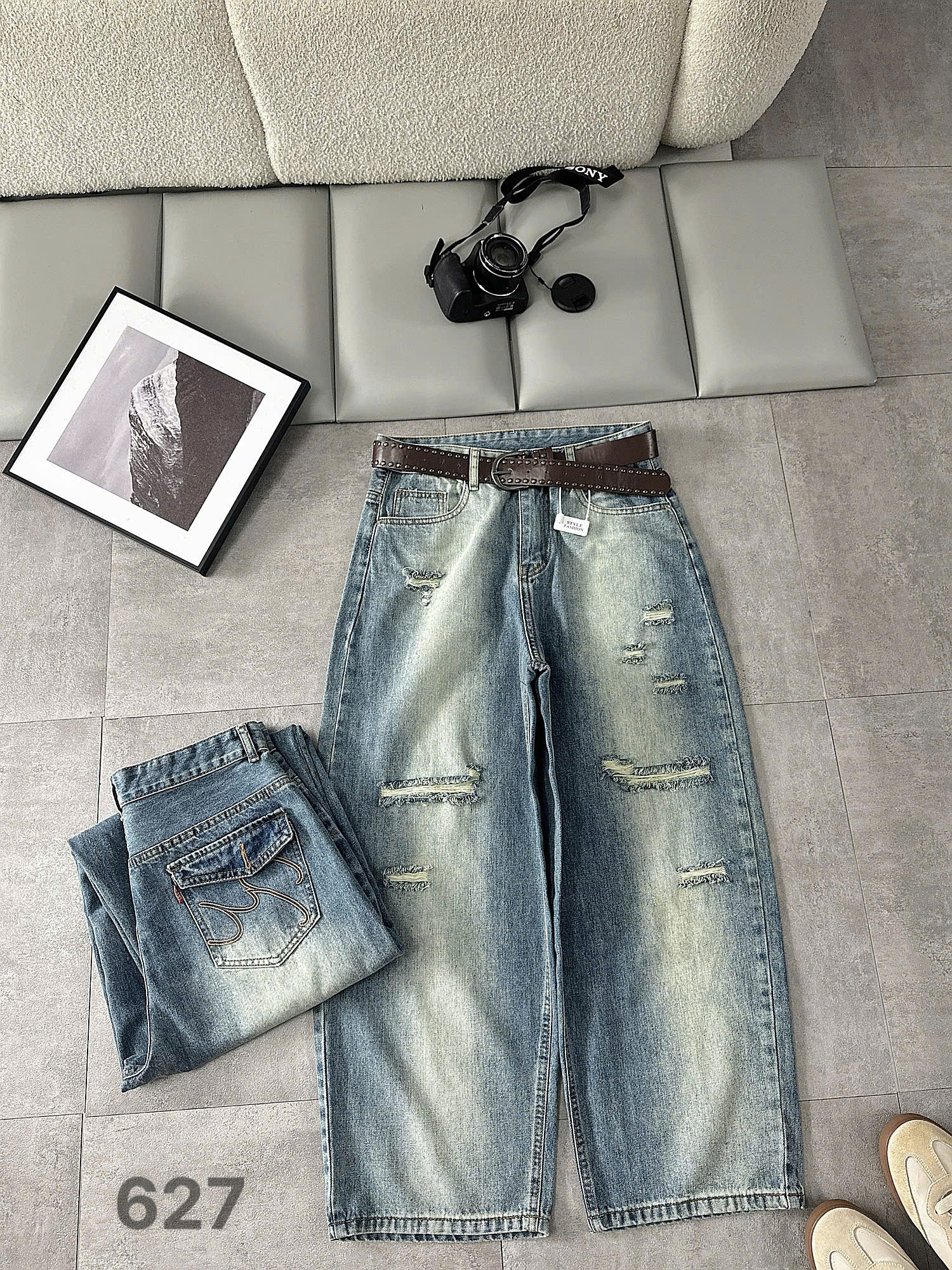 Mặt trước quần jean boy thụng bigsize T-QJ627 màu xanh nhạt
