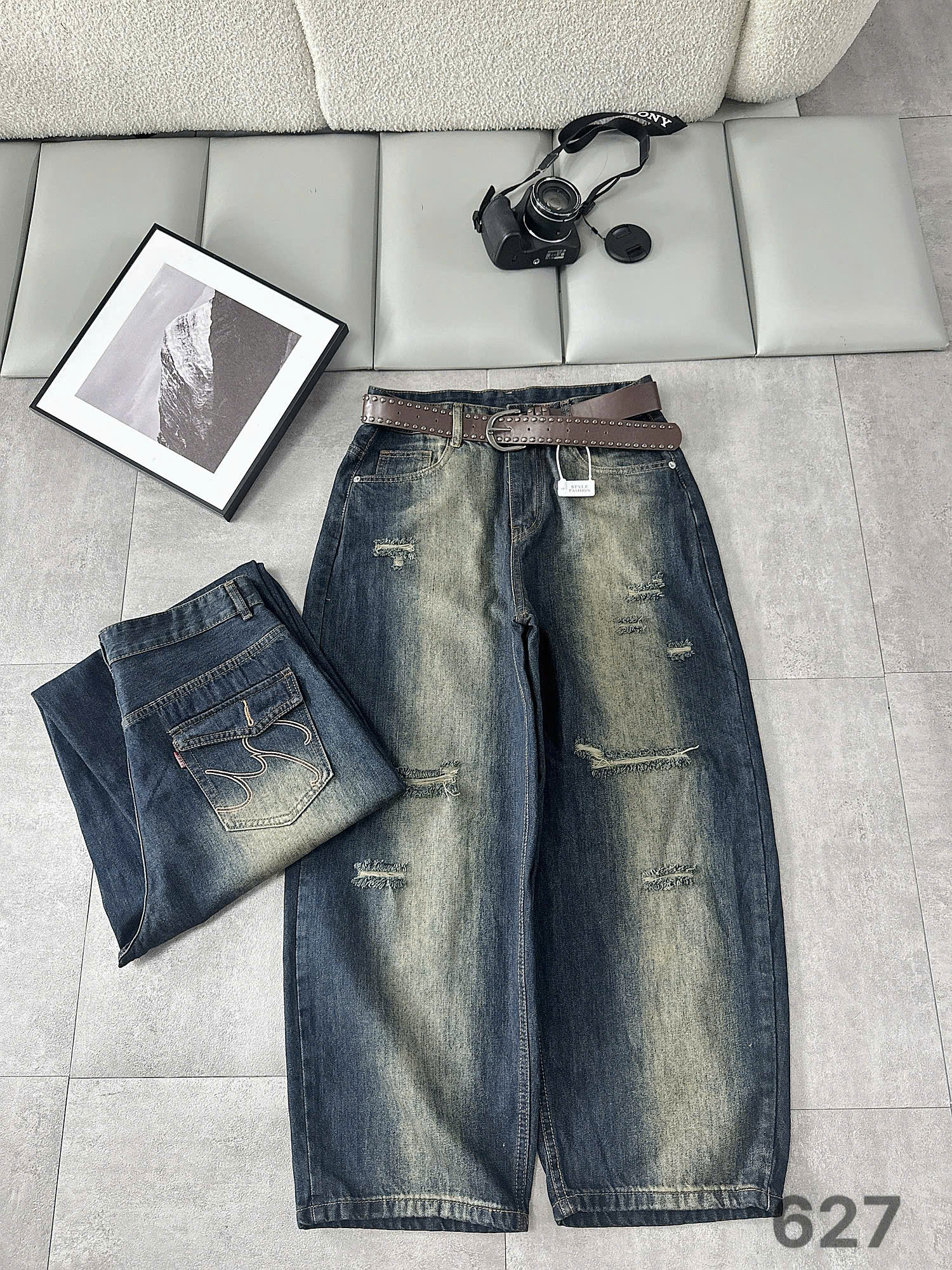 Mặt trước quần jean boy thụng bigsize T-QJ627 màu xanh đậm