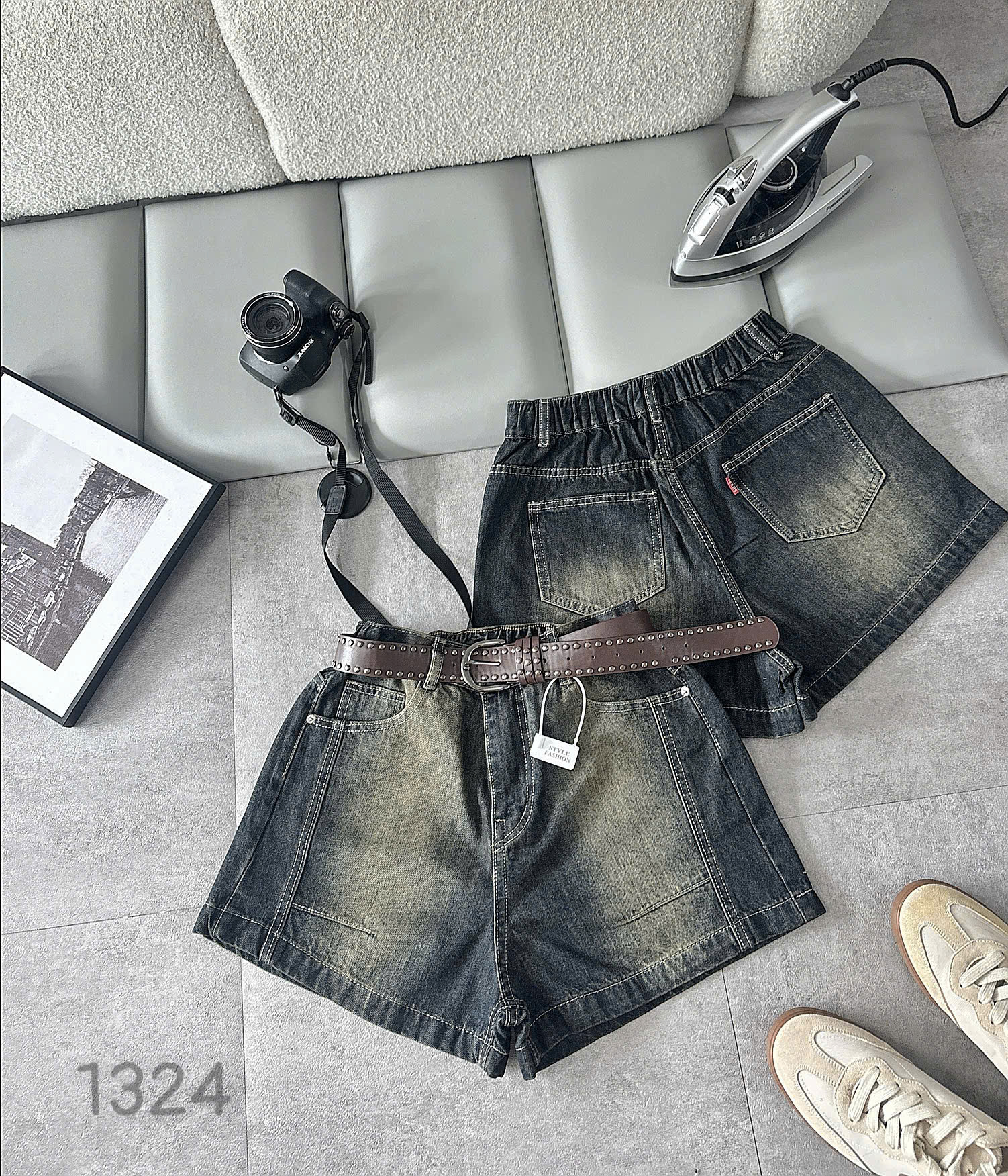 Quần short jean lưng thun bigsize T-QSJ1324 mặt trước và mặt sau có lưng thun