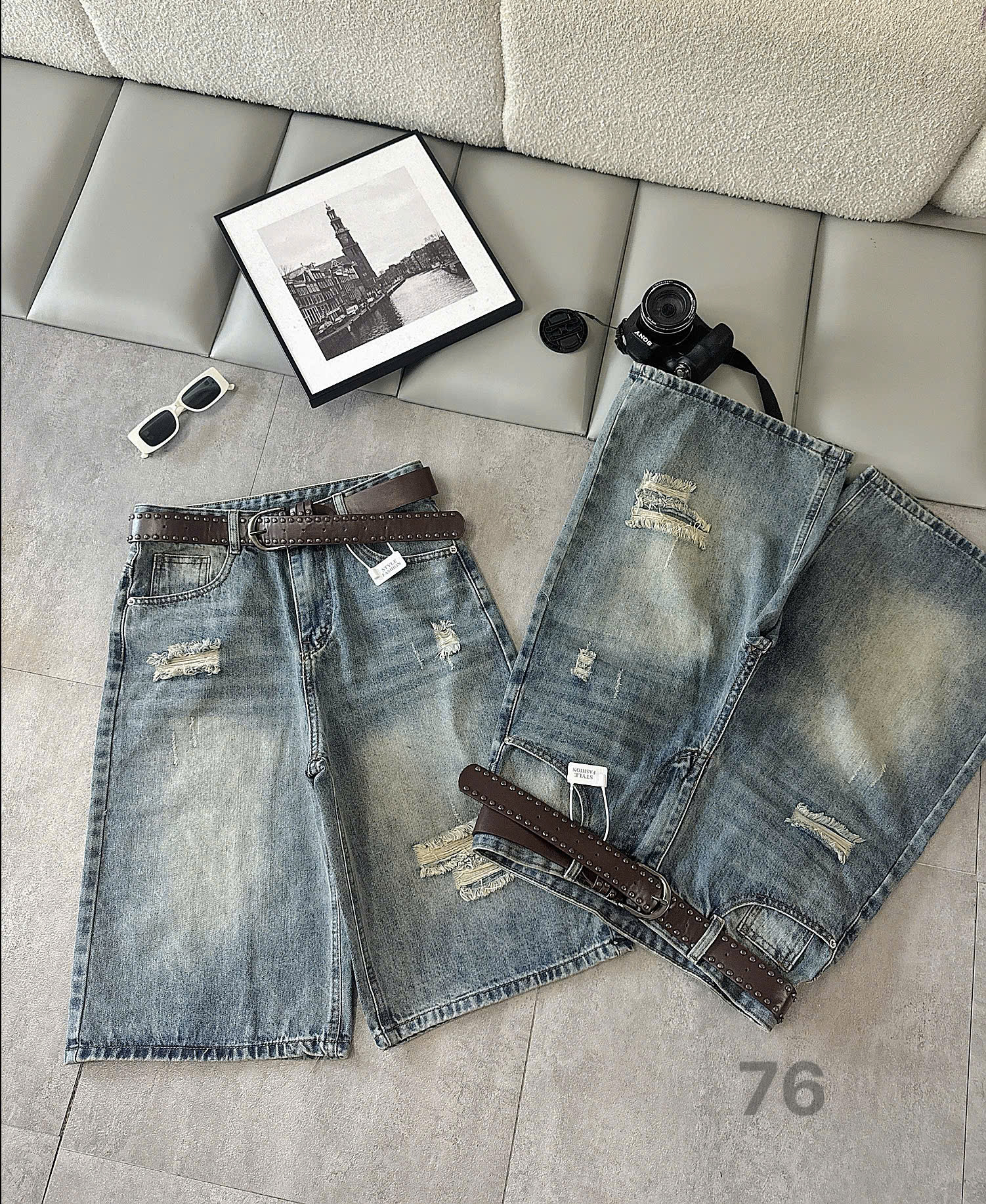 Mặt trước quần lửng jean bigsize T-QSJ76 dáng A rộng với lai may nguyên
