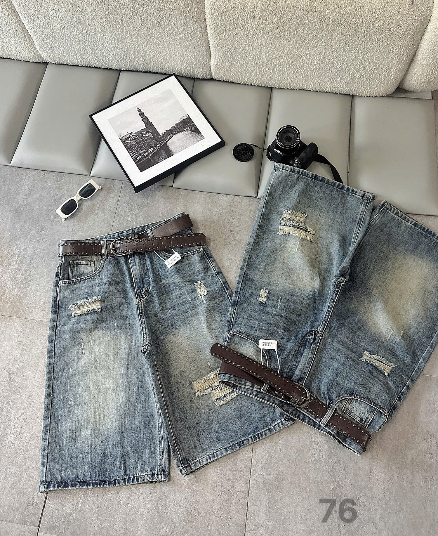 Dáng ống A rộng và chi tiết rách quần lửng jean bigsize T-QSJ76 màu xanh nhạt