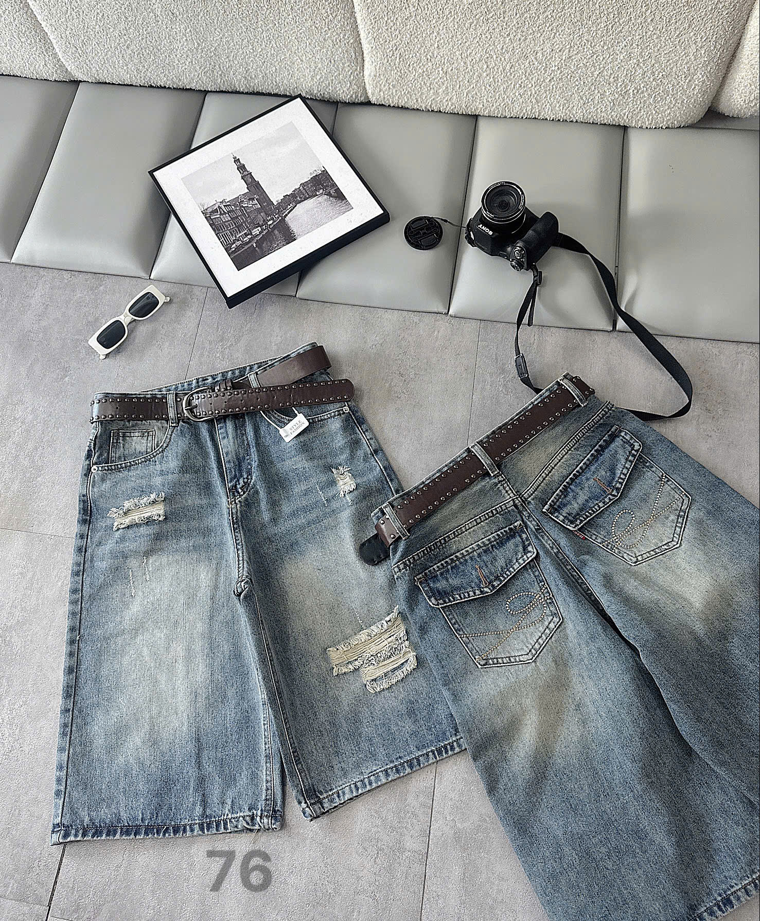 Quần lửng jean bigsize T-QSJ76 màu xanh nhạt nhìn mặt trước và mặt sau