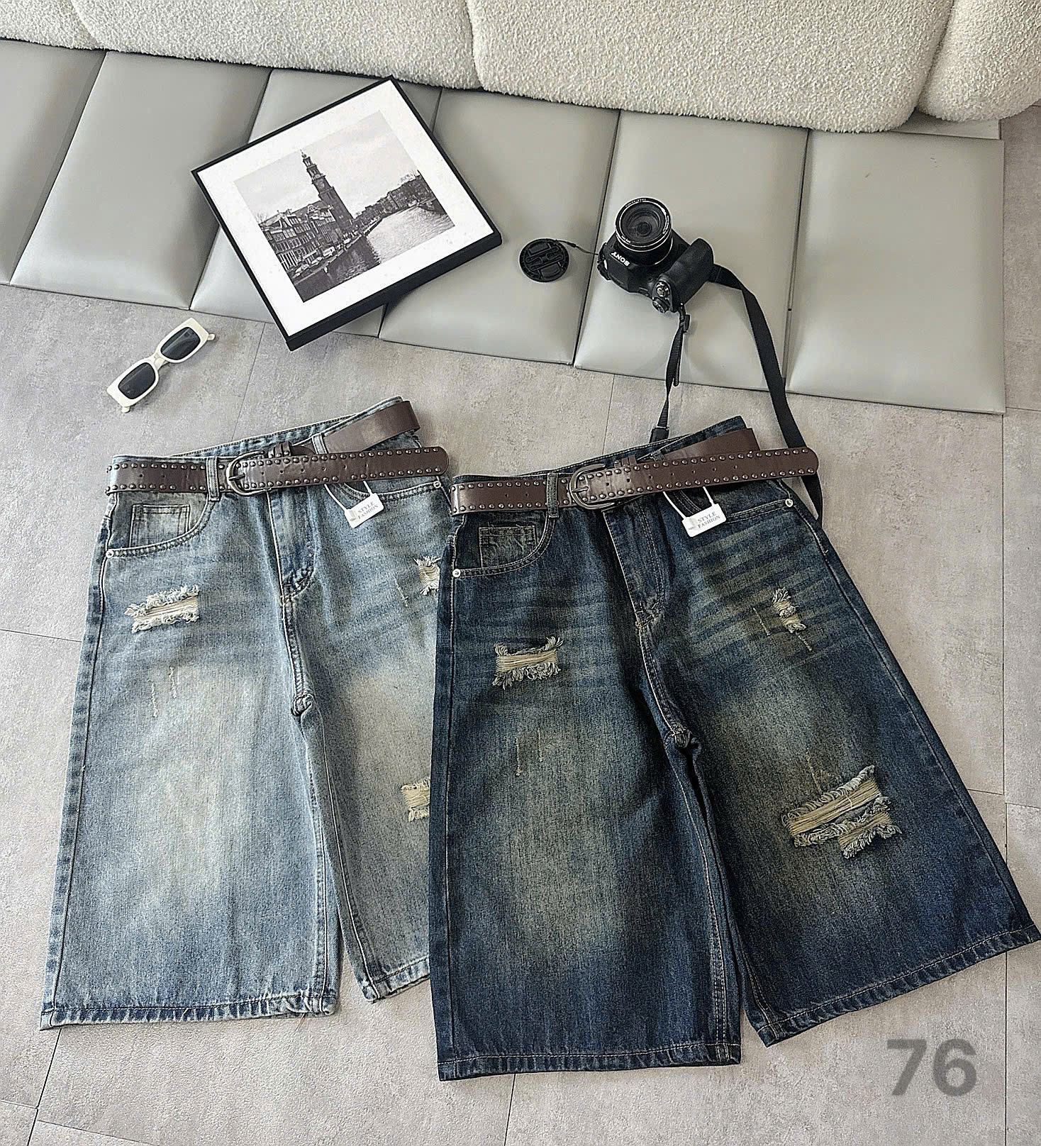Tổng thể quần lửng jean bigsize T-QSJ76 màu xanh nhạt và xanh đậm