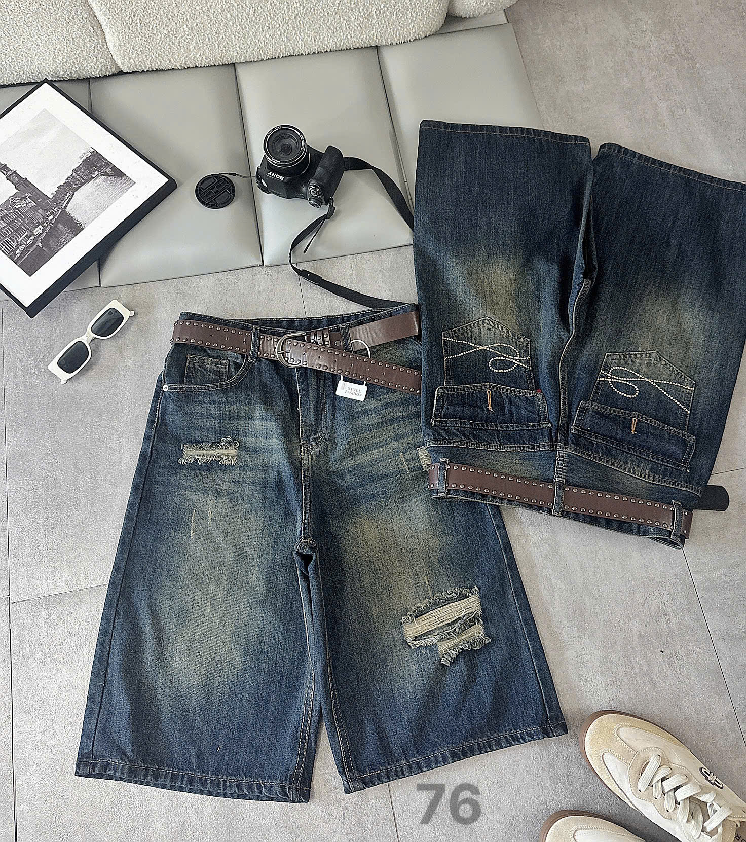 Quần lửng jean bigsize T-QSJ76 màu xanh đậm nhìn mặt trước và mặt sau
