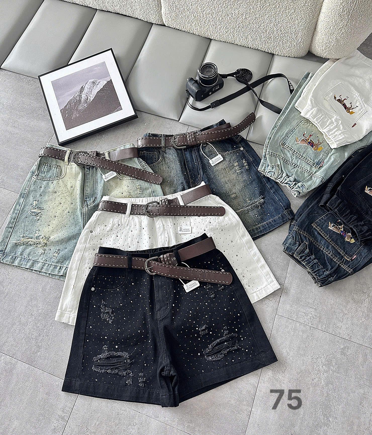 Chi tiết mặt trước bốn màu quần short jean lửng ép đá bigsize T-QSJ75
