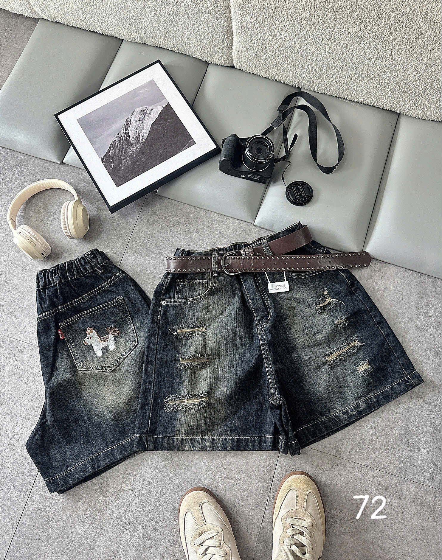 Quần short jean lửng bigsize T-QSJ72 màu xanh đậm wash xước