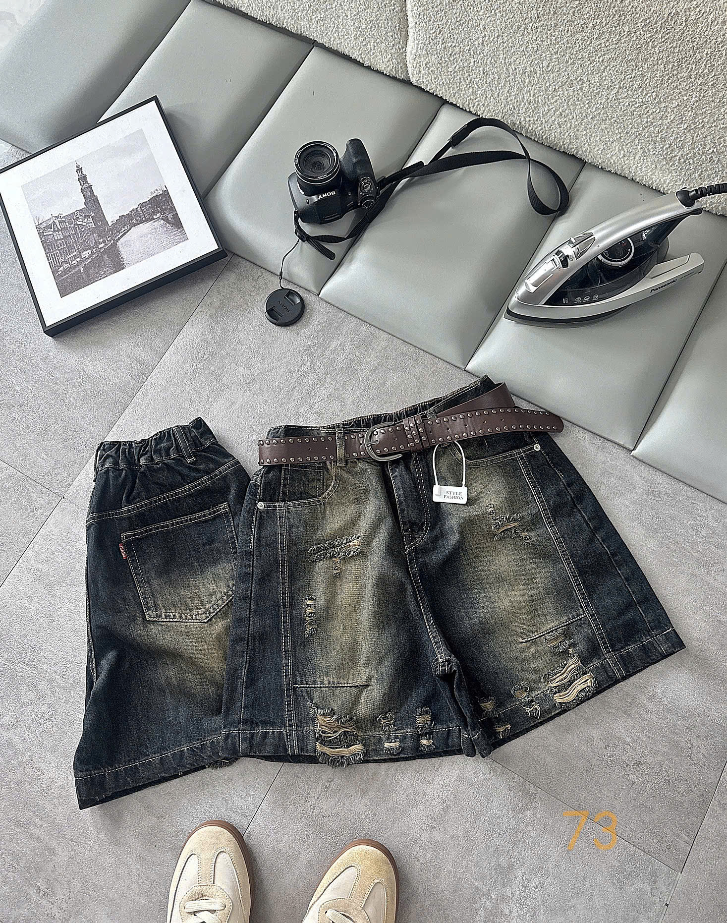 Mặt trước và sau quần short jean lửng bigsize màu đen wash