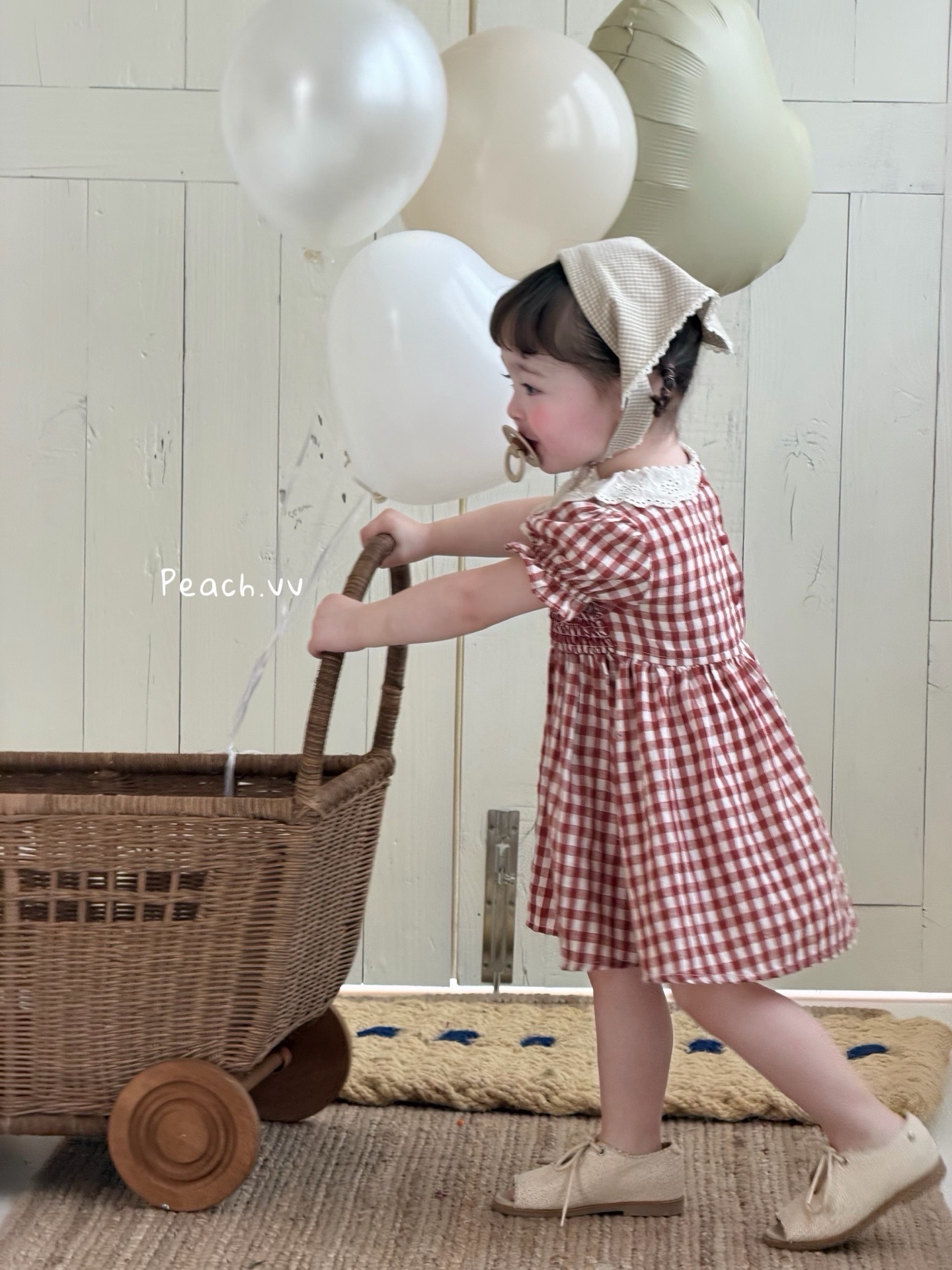 váy kẻ caro cam đất cổ ren peach — ảnh 4
