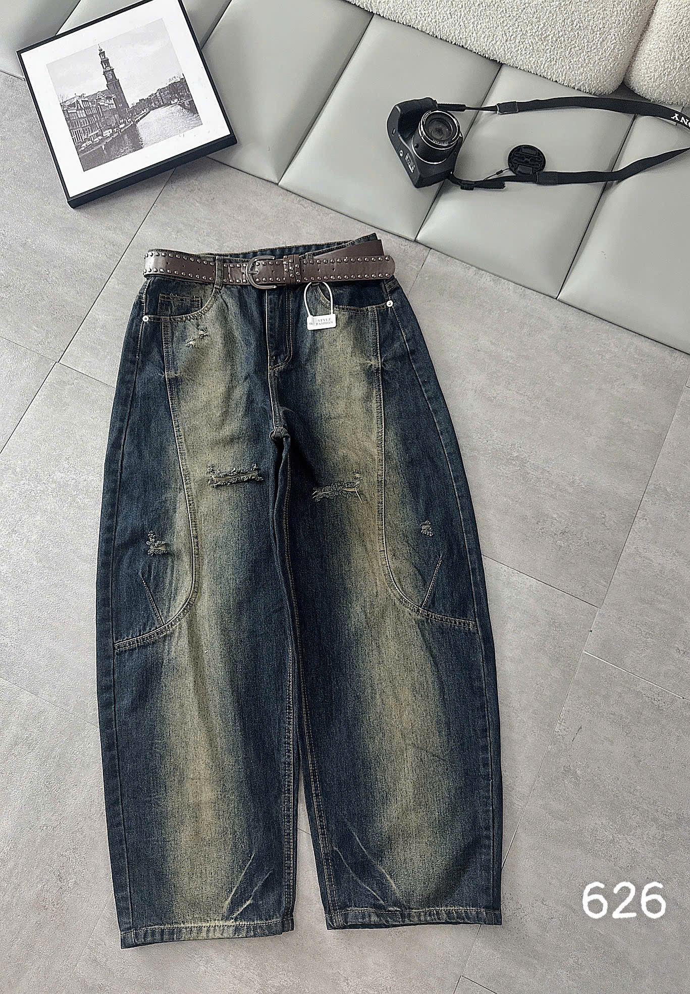 Ảnh tổng thể quần jean boy thụng bigsize QJ626 cạp cao ống rộng màu wash