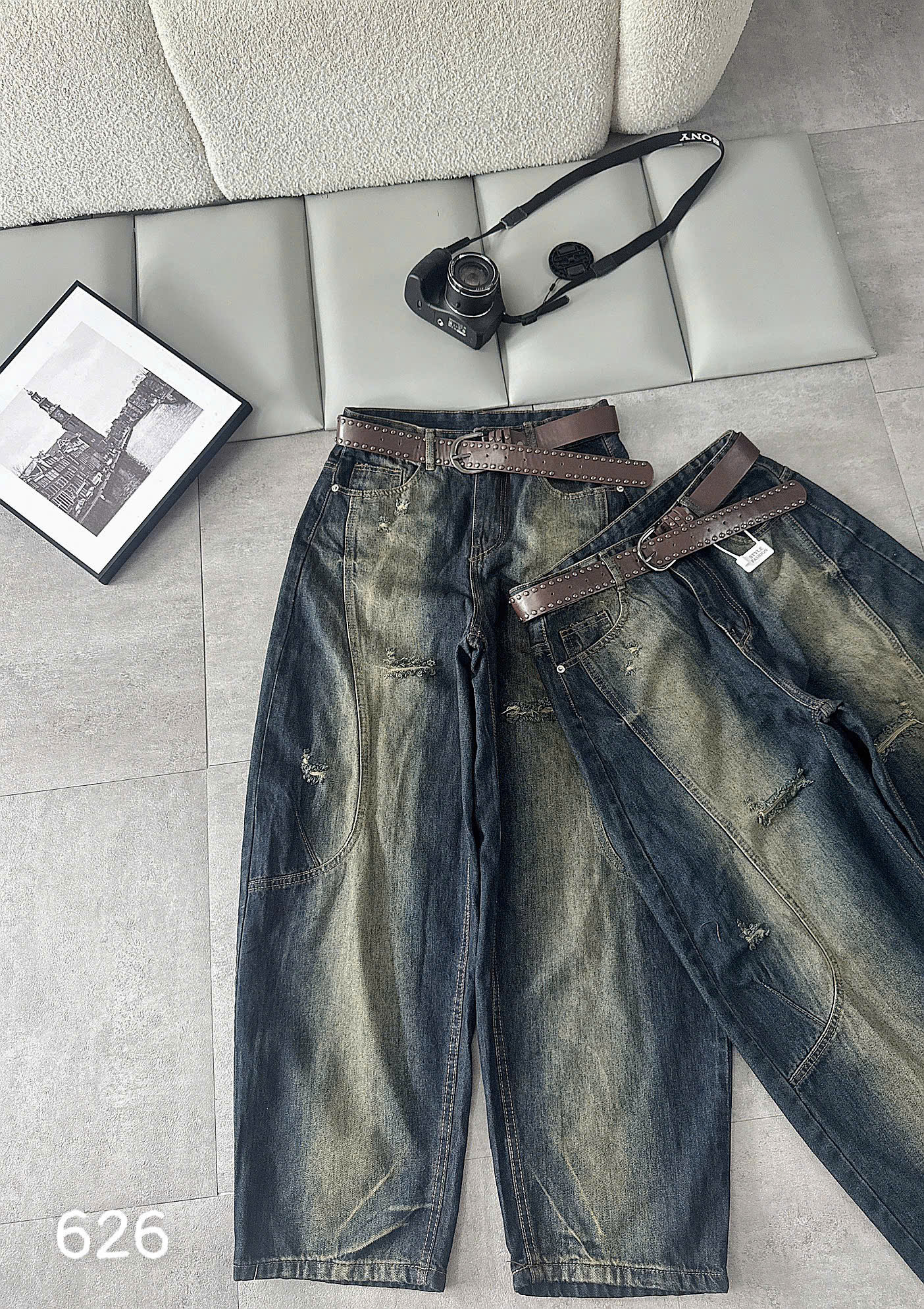 Quần jean boy thụng bigsize QJ626 màu wash đậm và nhạt cạp cao ống rộng