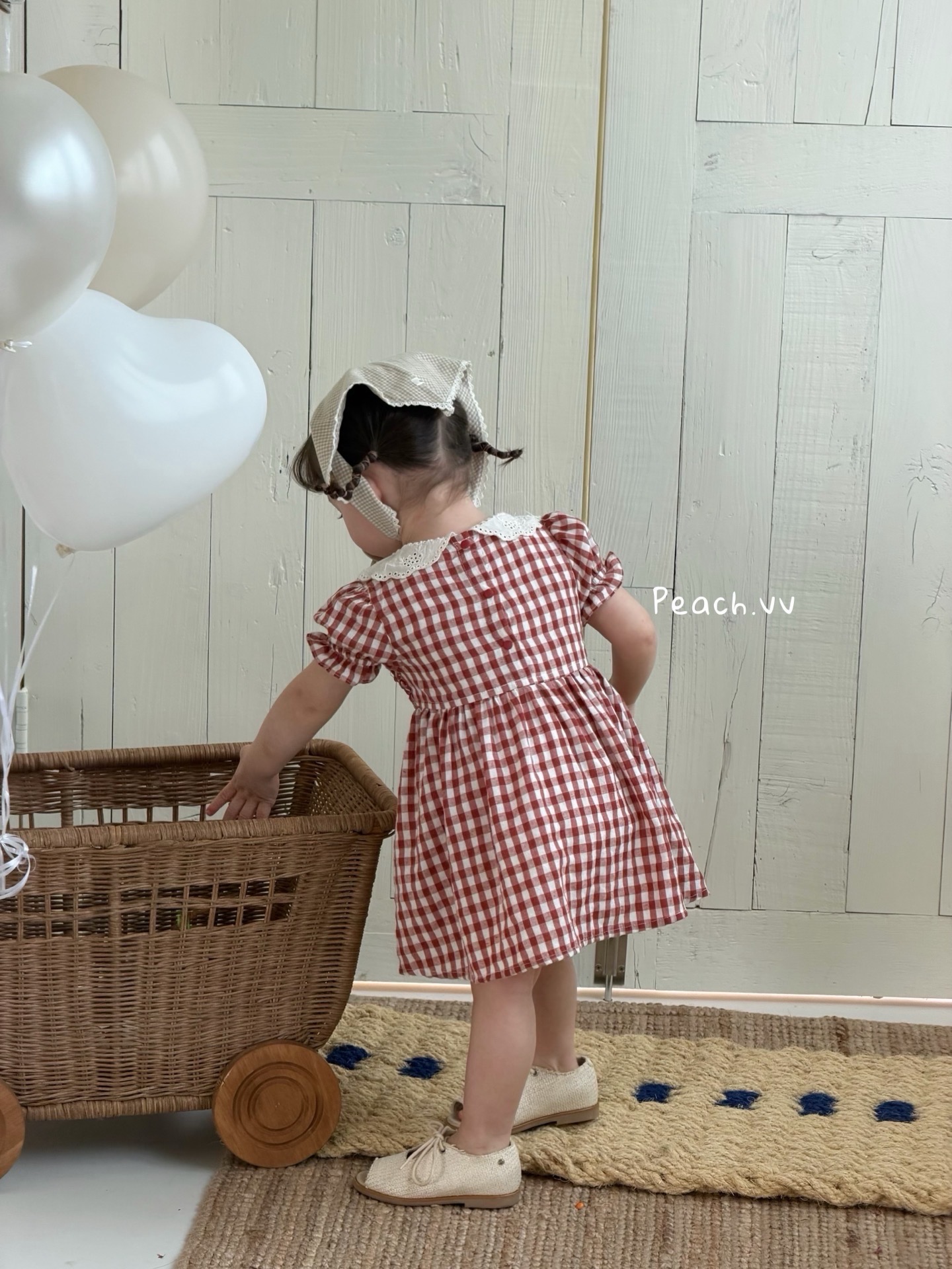 váy kẻ caro cam đất cổ ren peach — ảnh 3