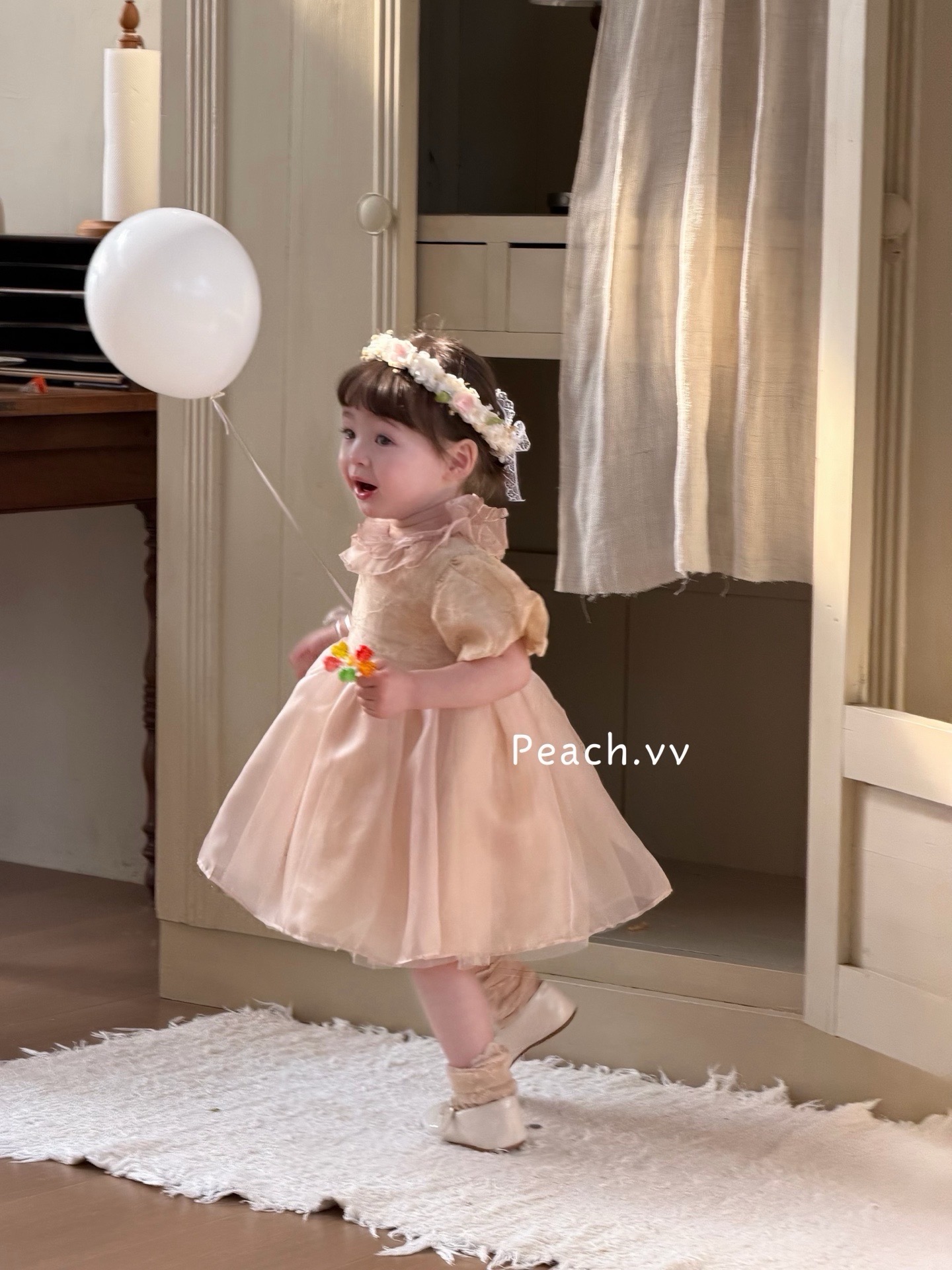 váy tay bồng nâu be peach — ảnh 4