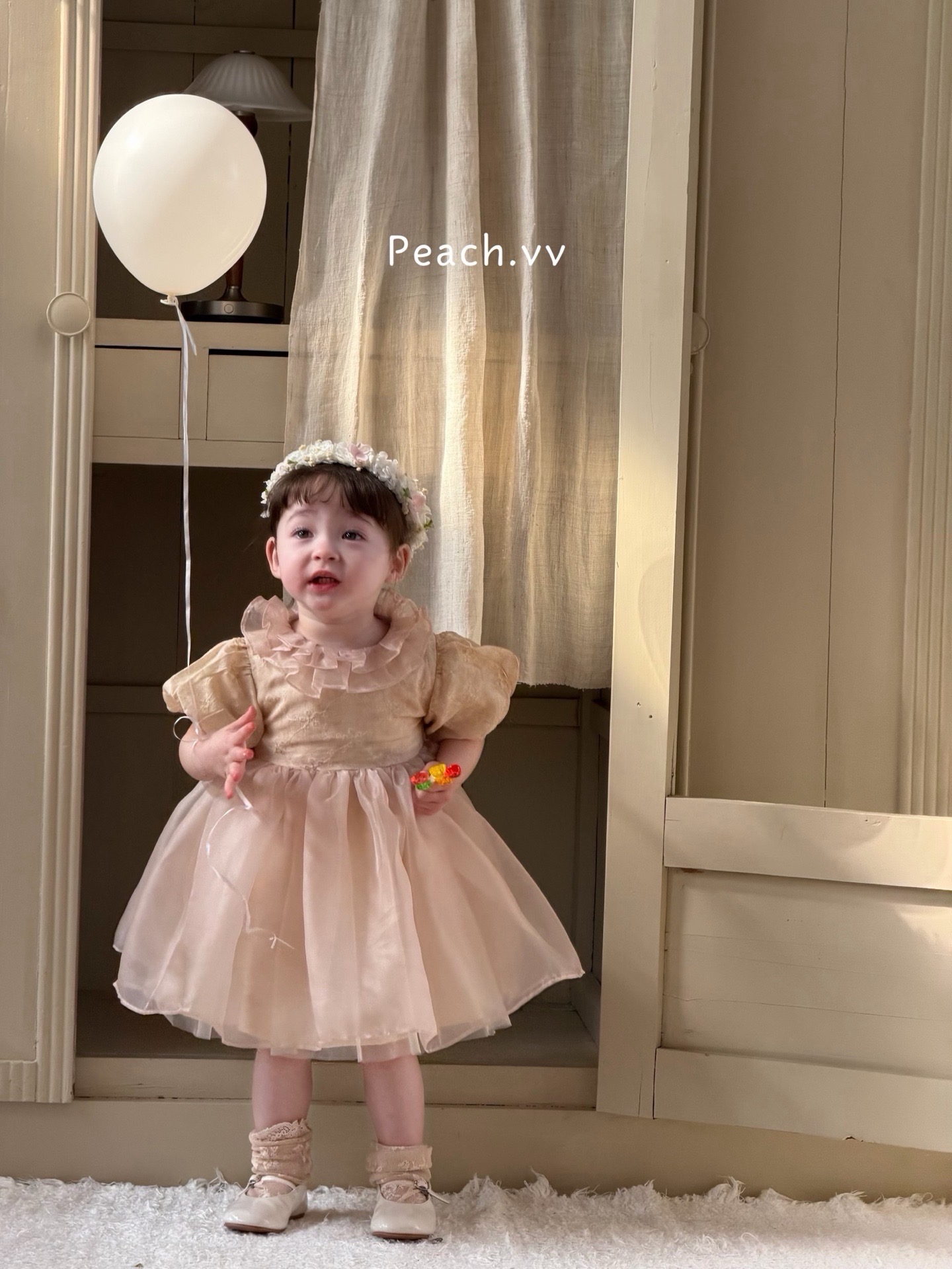 váy tay bồng nâu be peach