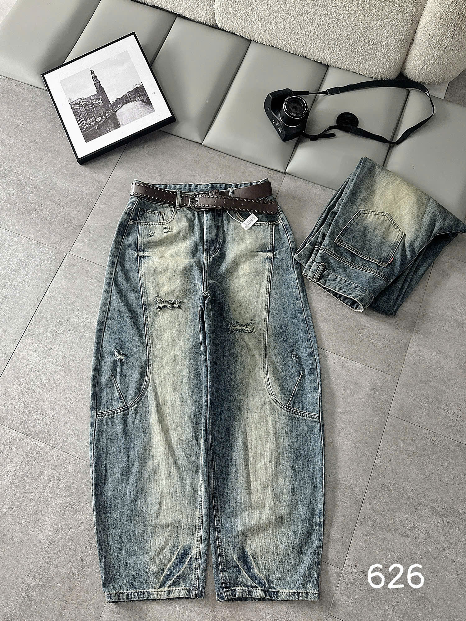 Quần jean boy thụng bigsize QJ626 màu nhạt thân trước kèm ảnh túi sau