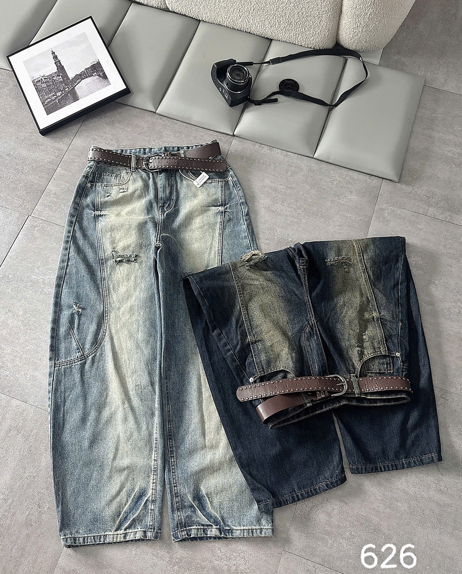 Quần jean boy thụng bigsize QJ626 hai màu wash kiểm tra phần ống và đường may