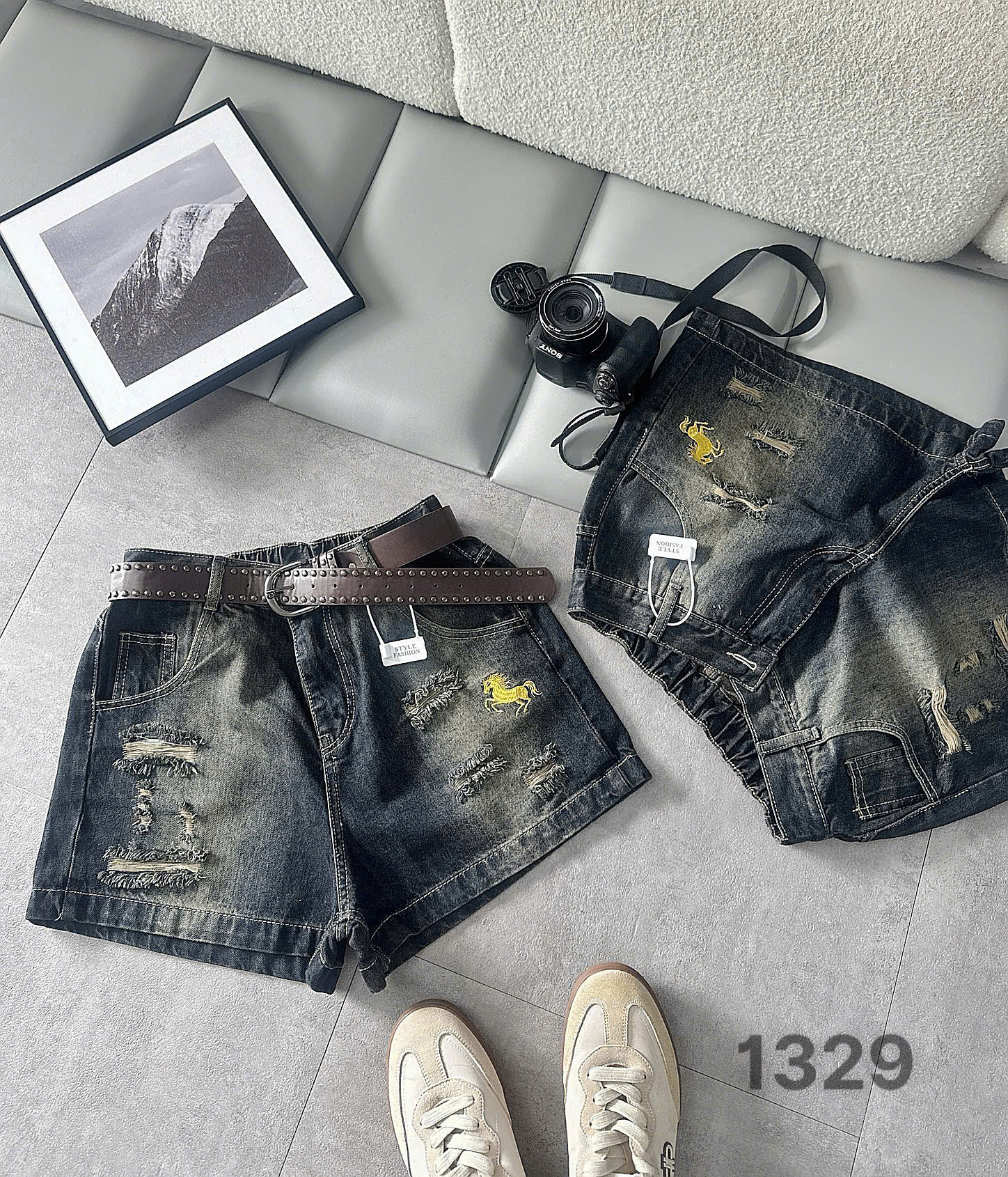 Quần short jean bigsize T-QSJ1329 màu đen wash thêu ngựa và lưng thun