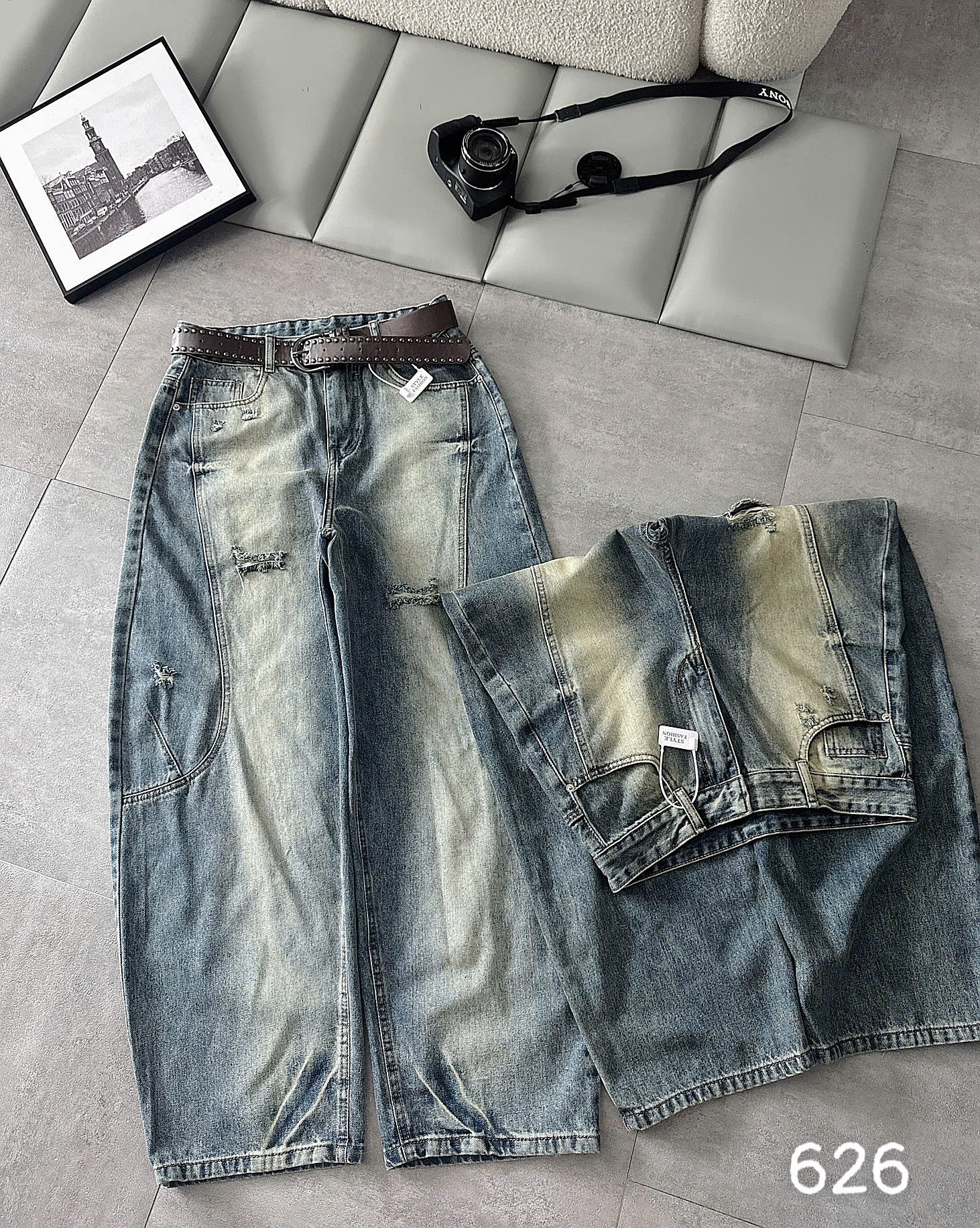 Quần jean boy thụng bigsize QJ626 hai màu wash nhạt và đậm với chi tiết chạy viền