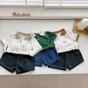 Bộ cộc quần đùi bé trai cổ dệt in hình