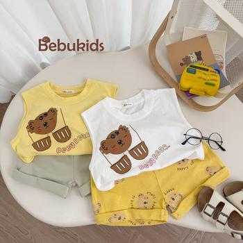 Bộ sát nách quần đùi bé trai không cổ in hình