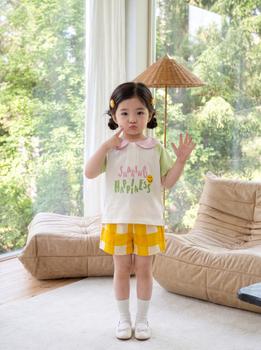 Bộ cộc quần đùi bé gái có cổ in hình
