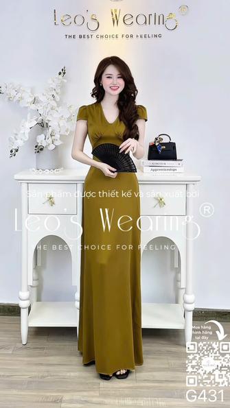 Product image - G431-Đầm lụa cao cấp dáng ôm cổ tym tay ngắn màu nâu olive