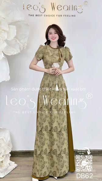 Product image - DB62-Áo dài cổ tròn đính hoa, tay ngắn tầng+Quần váy nâu