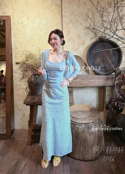 Product image - Set 3 món áo cardigan + áo 2 dây + chân váy dài hoa nhí