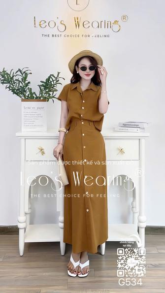 Product image - G534-Sét áo sơmi linen cotton tay cọc+Chân váy nâu đính nút