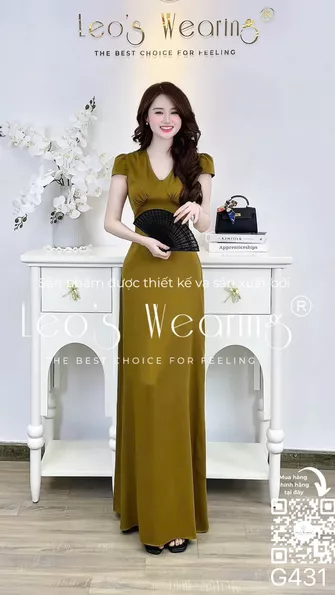 Product image - G431-Đầm lụa cao cấp dáng ôm cổ tym tay ngắn màu nâu olive