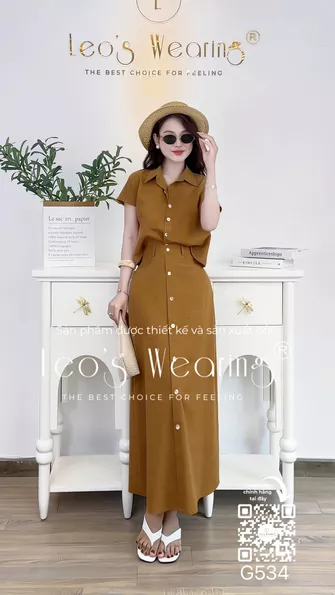 Product image - G534-Sét áo sơmi linen cotton tay cọc+Chân váy nâu đính nút