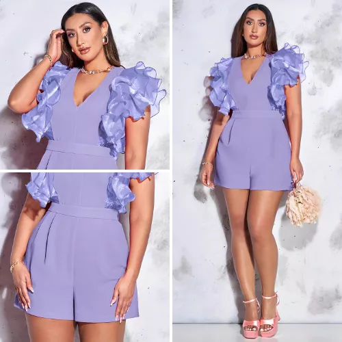 Product image - Plus Size Lavender Ruffle Sleeve Romper Elegant V-Neck Jumpsuit for Curvy Women