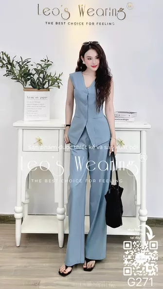 Product image - G271-Set áo gile dáng dài+Quần suông xanh xám