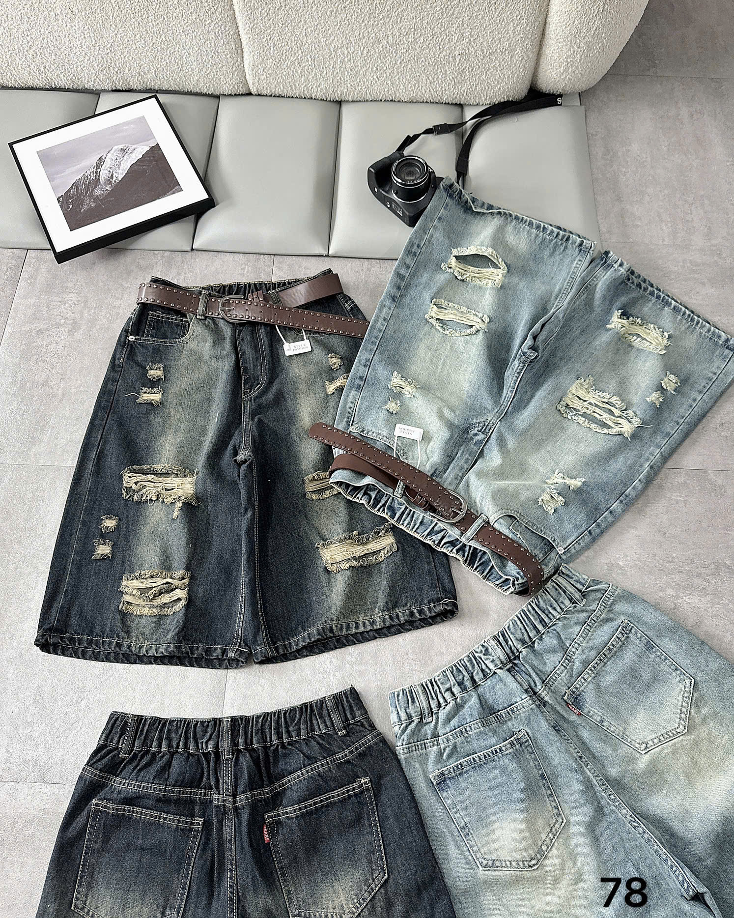 Nhiều góc quần short jean lửng T-QSJ78 cho thấy mặt trước, mặt sau, lưng thun và túi sau trước khi chọn