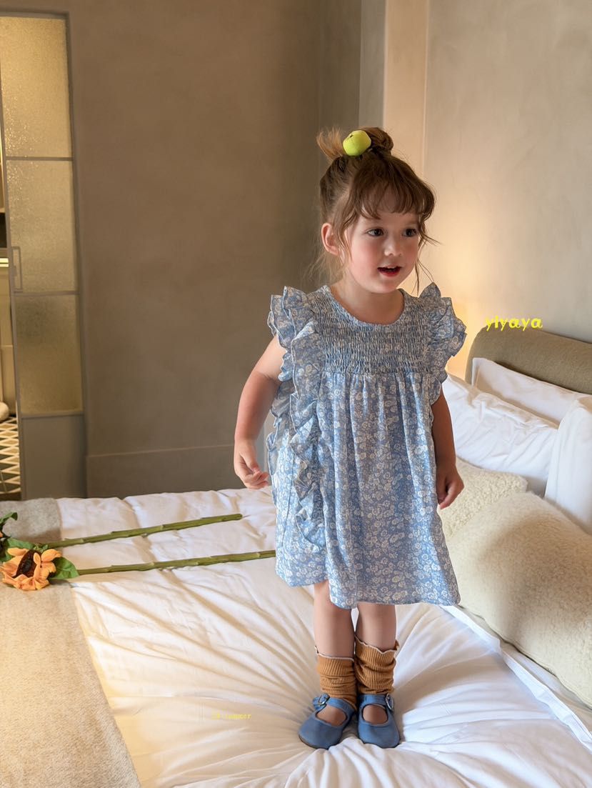 Yiyaya - Đầm hoa xanh smock ngực vai bèo