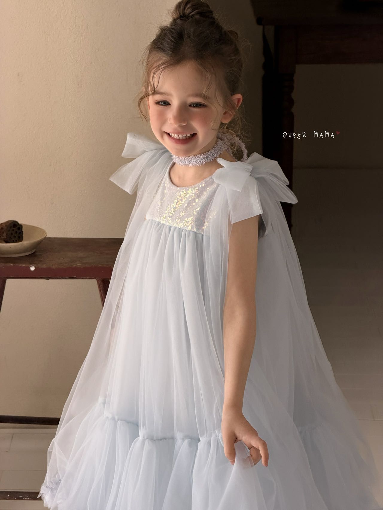 Đầm Super Mama light blue vai nơ lấp lánh